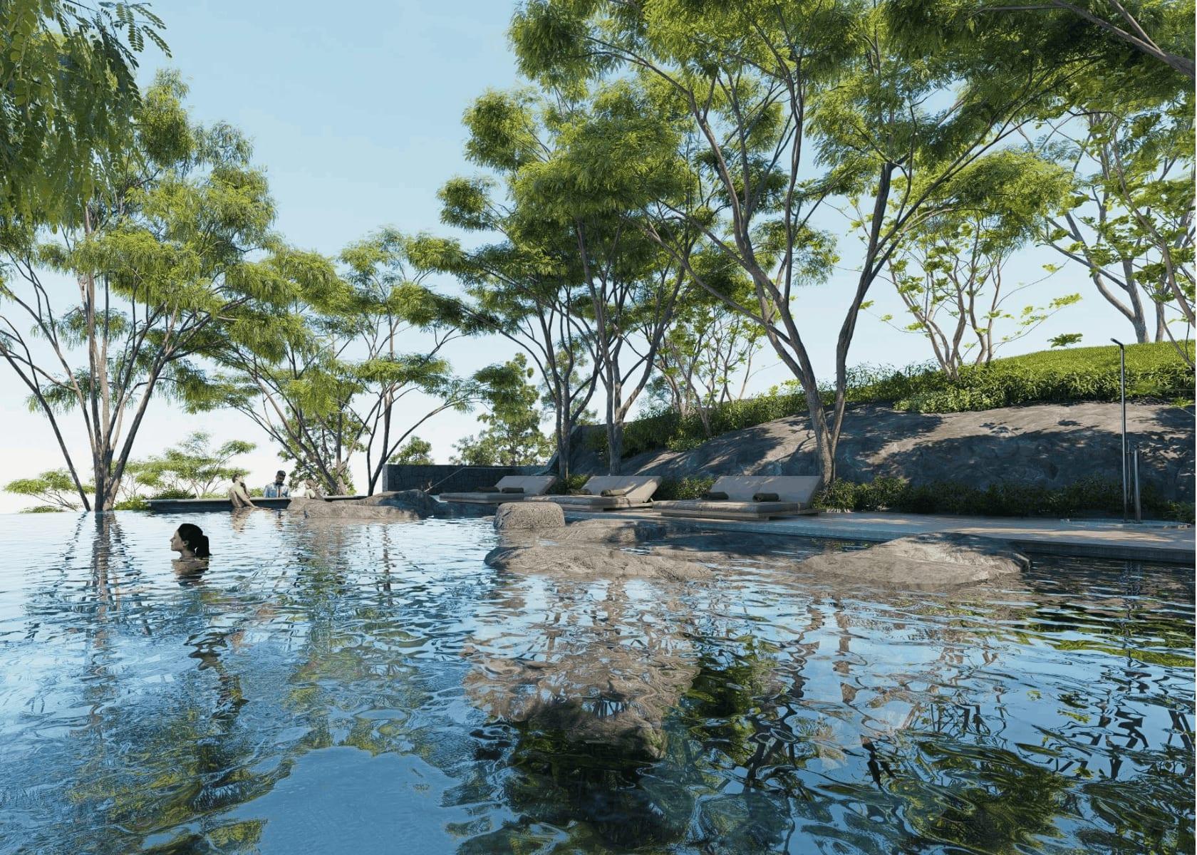Swimming in the infinity pool on the rocks