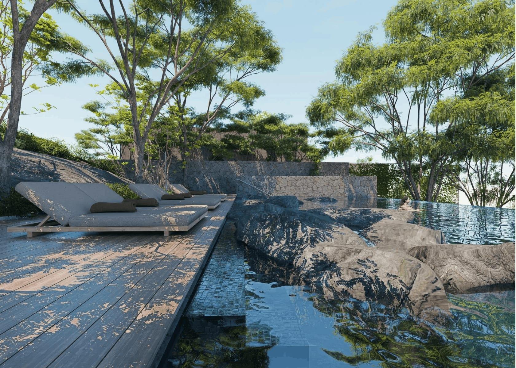 Loungers beside the rock channel