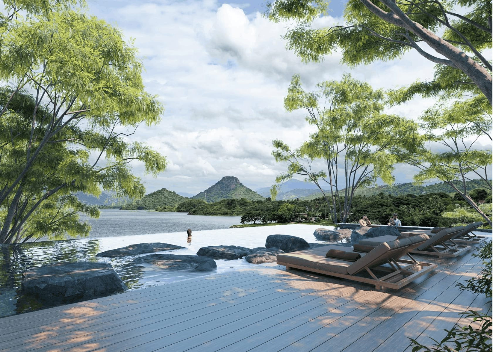 Infinity pool deck with loungers overlooking the reservoir