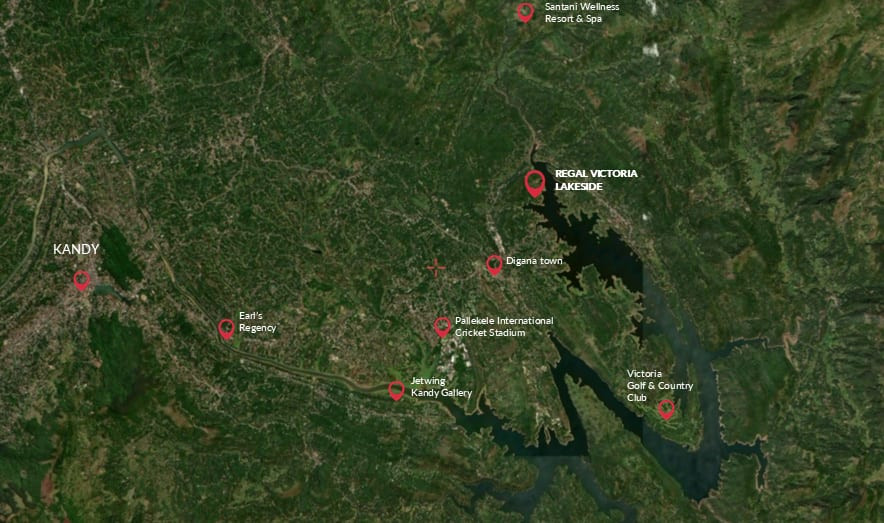Satellite map showing Regal Victoria Lakeside on the Victoria Reservoir near Kandy, Digana town, Pallekele Stadium and Victoria Golf & Country Club