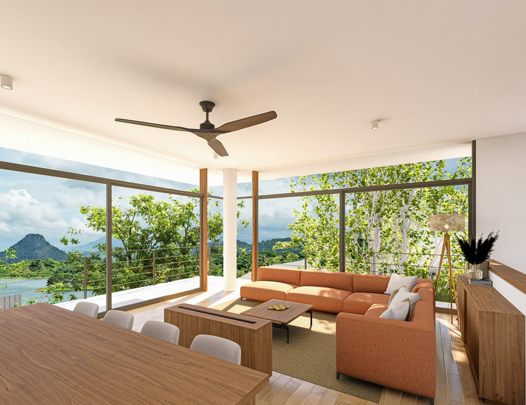 A villa living room opening onto the reservoir and the hills