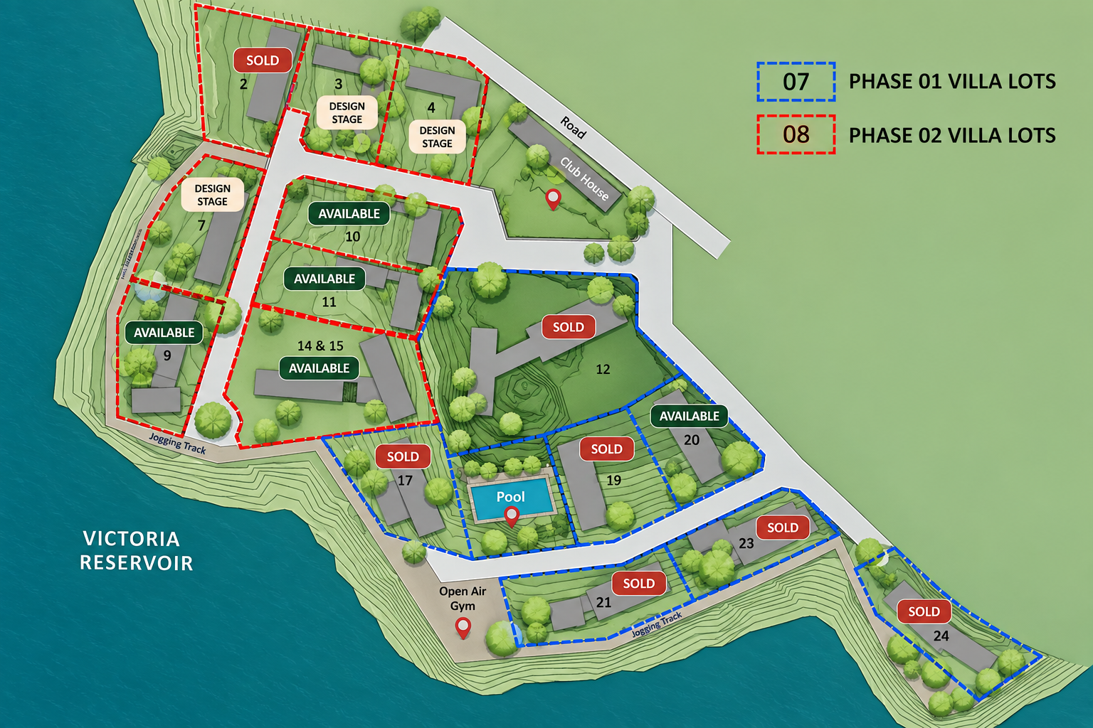 Site plan of Regal Victoria Lakeside showing 15 villa lots on a peninsula of the Victoria Reservoir